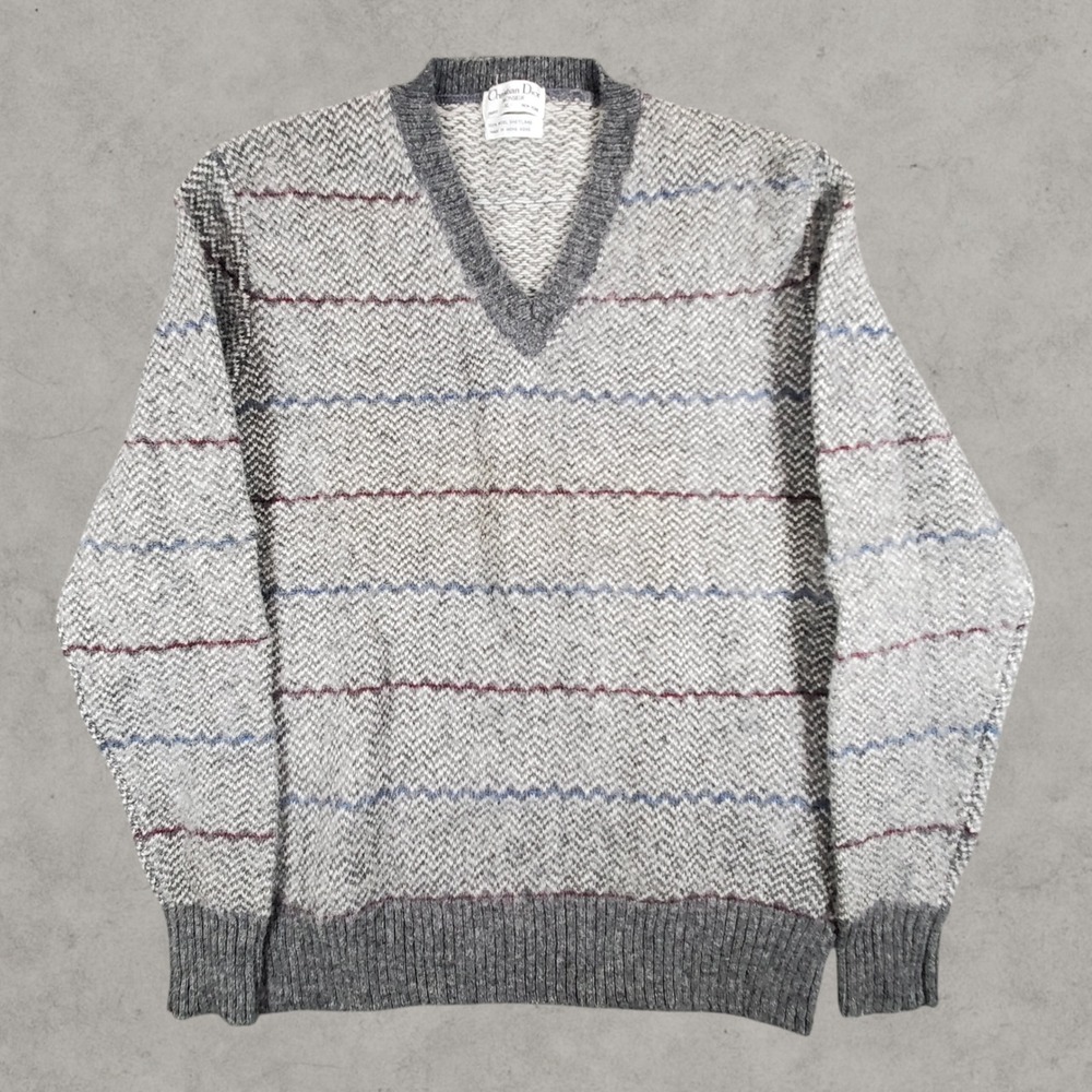 Christian Dior Monsieur Sweater Mens XL Grey Herringbone Shetland Wool V-Neck